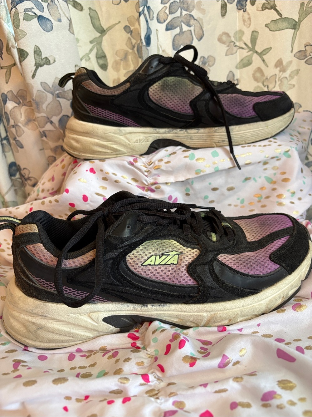 Woman’s Avia Black and Purple Mesh Athletic Sneakers